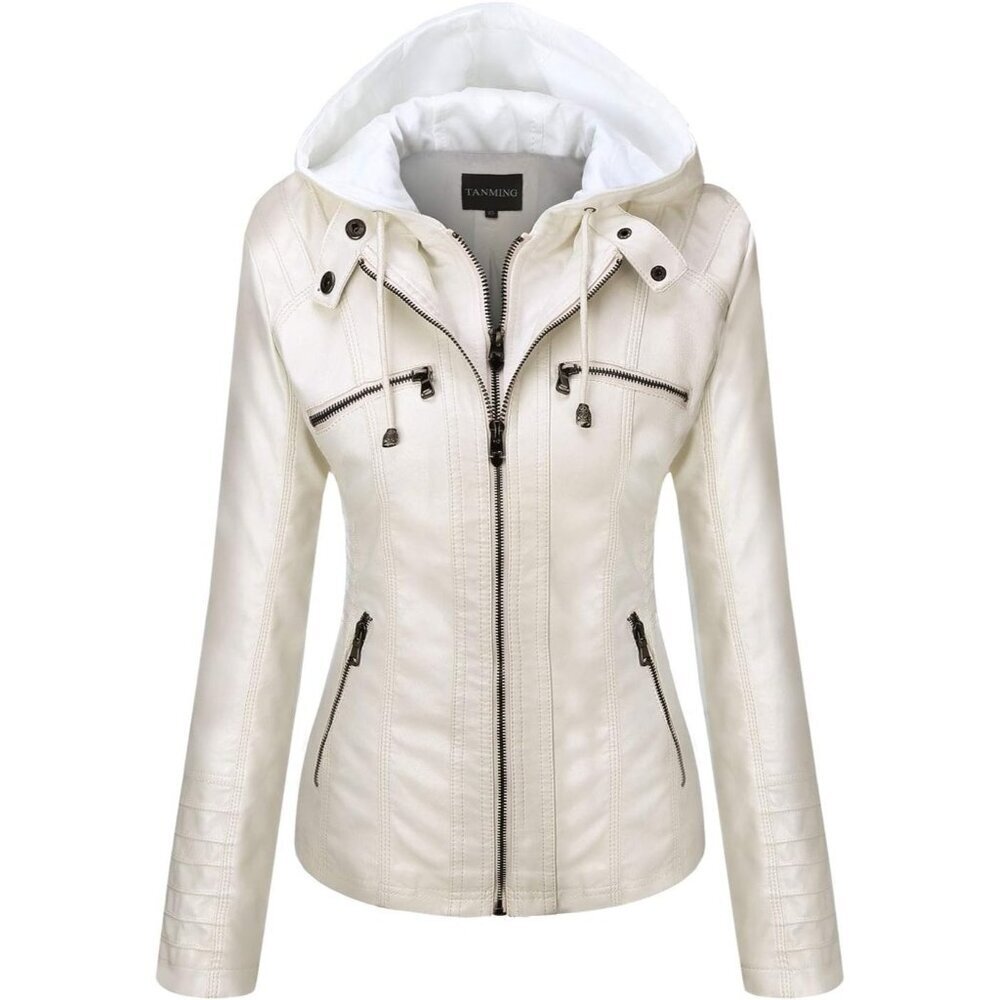 Women's Cream White Hooded Moto Biker Outerwear Fall Fashion Faux Leather Jacket